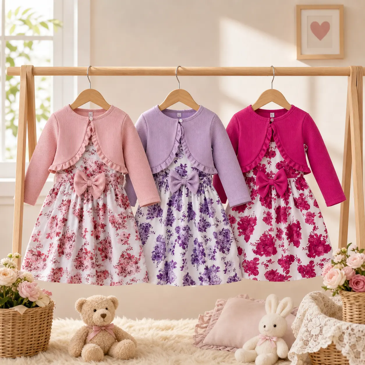 Girl's Fall 2-Piece Casual Frill Trim Outfit - Ruffled Bowknot Floral A-Line Cut Dress Set, Long Sleeve Cardigan & Sleeveless Tank for Playful Look
