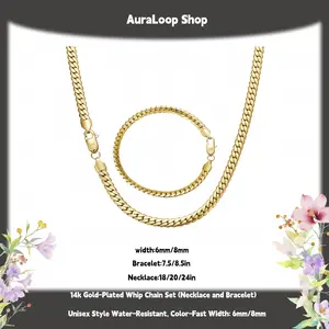 14K Gold-Plated Whip Chain Set (Necklace and Bracelet)，6mm Width Hip-Hop Style Jewelry Gift, Unisex, 7.5/8.5/16/18/20/24 Inches