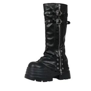 Women's Chunky Combat Boots with Metal Buckle Comfortable Motorcycle Boots Black PU Boots Plain Style for Stylish Practical Design