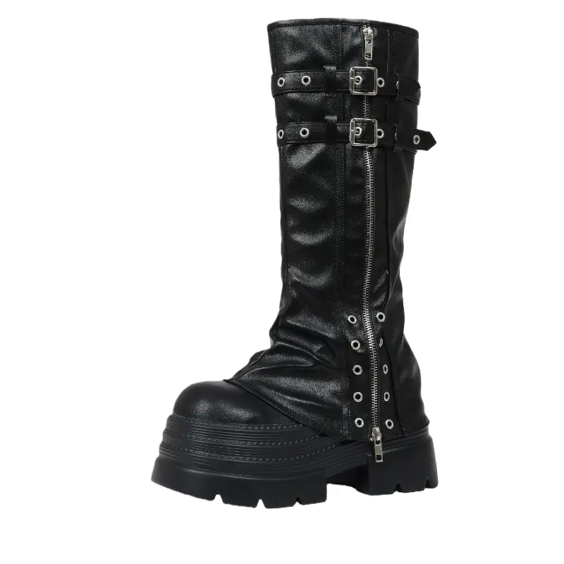 Women's Chunky Combat Boots with Metal Buckle Comfortable Motorcycle Boots Black PU Boots Plain Style for Stylish Practical Design Footwear