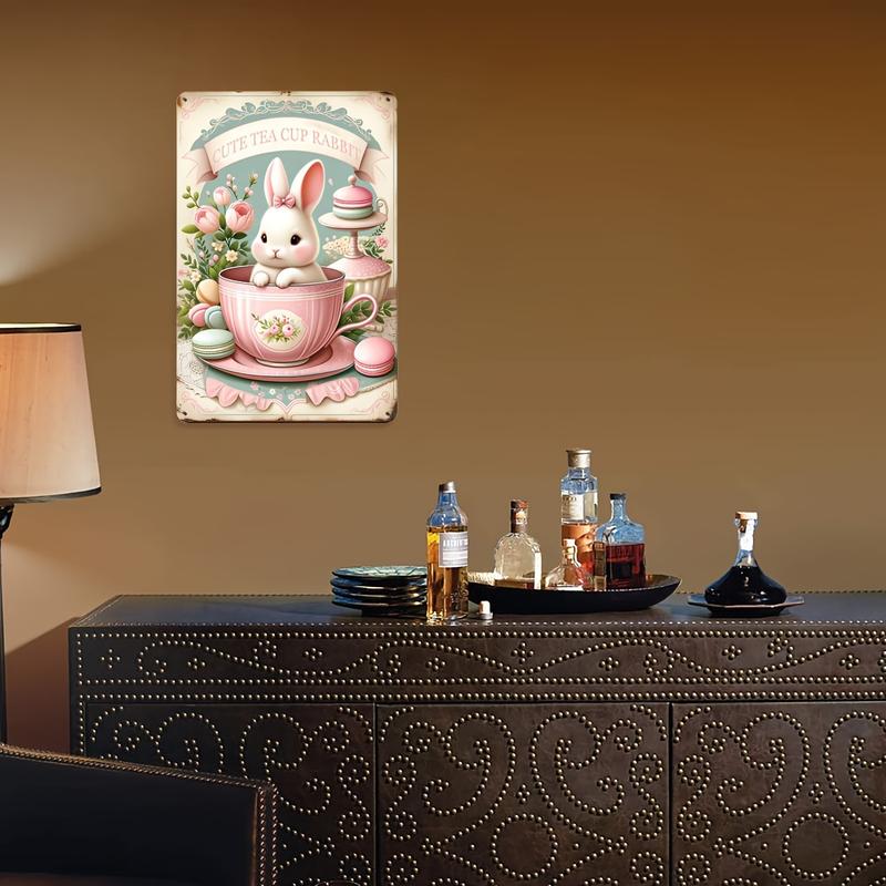 1pc Vintage Tin Painting: Pink Cute Teacup Rabbit, Suitable For Patio Decoration, Kitchen, Bedroom, Outdoor, Home Wall Decoration, Backdrop Decoration, Art Wall Decoration, Vintage Metal Signage