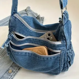 Ladies' Casual Solid Color Denim Crossbody Bag, Adjustable Shoulder Straps, Multiple Zipper Compartments, Fabric Shoulder Bag, Practical And Fashionable Design, Daily Use