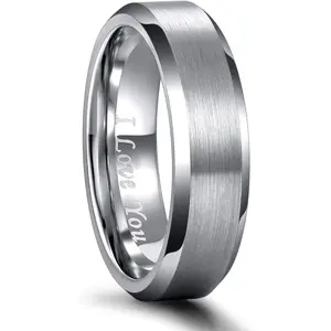 4MM 6MM 8MM Tungsten Carbide Engagement Ring Brushed Beveled Edge Polished Silver Wedding Band for Men Women Engraved I Love You Always & Forever Size 4-15