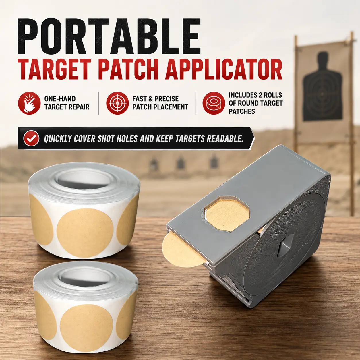 Chillerk Portable Target Patch Applicator with 2 Rolls of 1" Kraft Dot Stickers (1000 PCS Total) - Removable, Writable Round Adhesive Labels for Target Patching, Marking