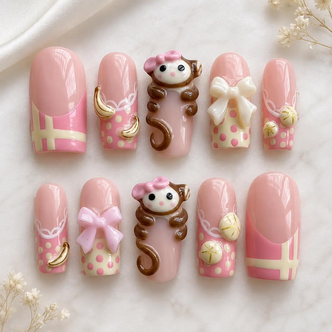 Cute Monkey Press On Nails, Pink Kawaii Character Design, 3D Banana Cherry Fruit Art, Handmade Girly Nail Set