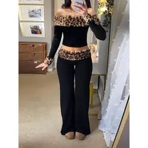 Women's sexy winter faux fur leopard print two-piece set. Off-shoulder slim-fit long-sleeve T-shirt. Low-waisted straight-leg pants. Retro spicy girl—fashionable and elegant home leisure style. GARMENTARY Leisure Lounge Set