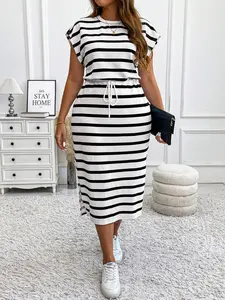 Women's Plus Size Striped Print Sleeveless Tie Rope Sleepwear Loungewear, Comfortable Casual Basic Nightgown, Soft Skin-Friendly Fabric