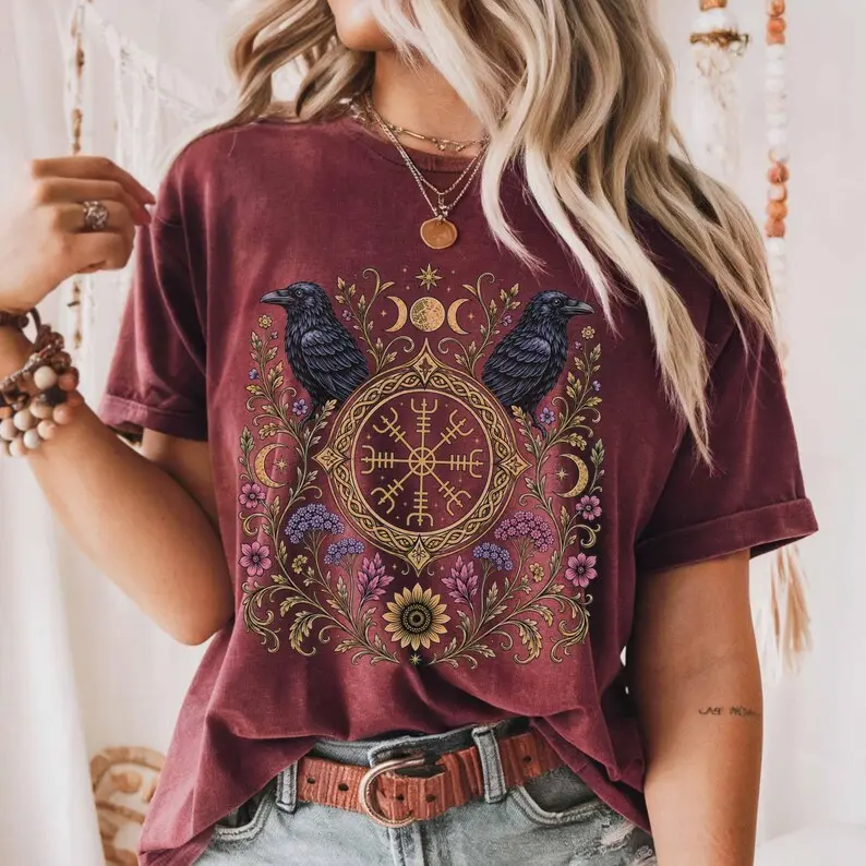 Comfort Colors Viking Raven Vegvisir Nordic T-shirt, Wayfinder Compass Bohemian Ravens Odin Norse Mythology Tee, Wildflower Floral Botanical Boho T-shirt