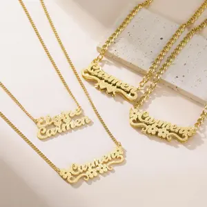 Women's Custom Name Plate Necklace - Stainless Steel Golden Cuban Chain Choker with Heart Ribbon Pendant, Daily Fashion Costume Jewelry Accessory
