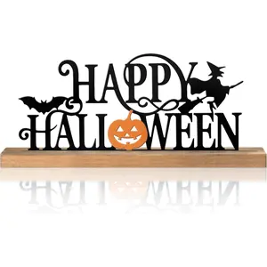 Happy Halloween Table Decor Farmhouse Tabletop Block Sign Rustic Tiered Tray Decor with Wooden Base Freestanding Metal Word Sign and Wooden Pumpkin Cutout for Home Table Shelf Office,