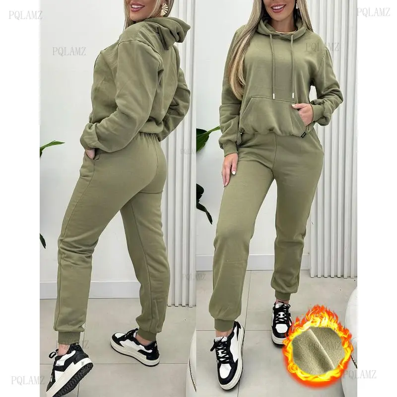 Women's Casual Athleisure Wear Set, 2-Piece Fleece Lined Outfit with Hooded Sweatshirt and Cuffed Pants, Adjustable Hood, Casual Outings, Polyester Blend, Sweatpants, Athletic, Everyday, Long Sleeve, Cotton, Women's Clothes, Casual Chic