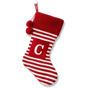 20 Inches Initial Monogram Embroidered Christmas Stocking Striped knitted Christmas Decorations Stocking Red,White, Green Letter Stockings for Family Holiday and Xmas Tree Fireplace Decor-50-C-Red