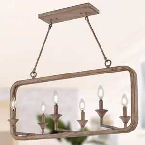 6 Lights 31.9" Farmhouse Wood Kitchen Island Chandelier with Candelabra Bulb Base