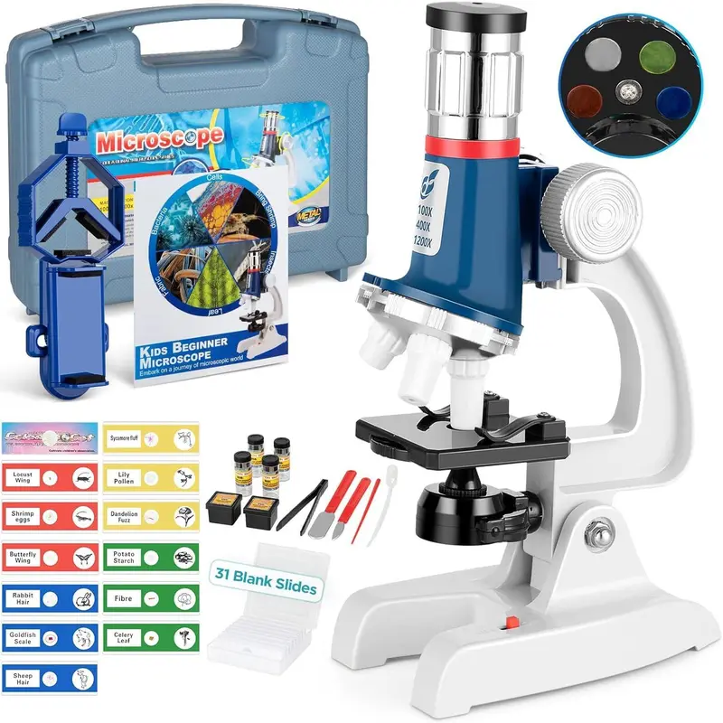 58-Piece Kids Microscope Kit - 100X-1200X Magnification, Metal Body, LED Light, Carrying Box - Science Experiment Toy for Kids Ages 5-12