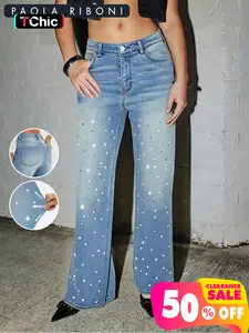 Women's High Elastic Rhinestone Straight Leg Jeans Pants, Casual Fitted Design with Pockets and Zipper, Fall & Winter Fashion