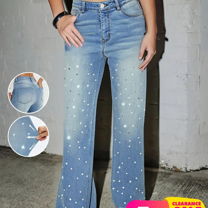 Women's High Elastic High Waist Rhinestone Straight Leg Fitted Stretch Denim Jeans Pants Trouser, Casual Fitted Style Design with Pockets and Zipper, Fall & Winter Fashion