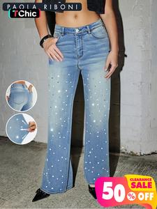 women's patched high waist rhinestone jeans, fashion casual fitted pocket button straight leg denim jeans for daily outdoor wear, womens jeans, jeans for women, womenswear bottom