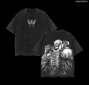 Skull Knight Berserk Anime Double Printed Vintage Washed Tee Unisex Oversize Anime Manga Washed Heavyweight Cotton T-shirt