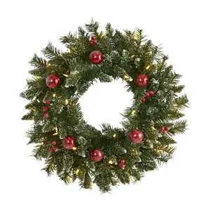 Nearly Natural 24" Frosted Wreath w/50 Warm Whi te LED Lights