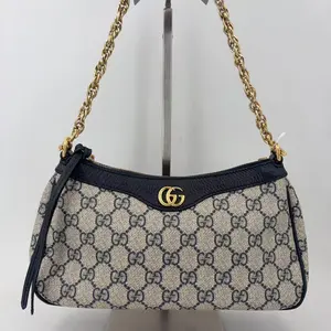 Pre-owned GUCCI canvas Shoulder Bags GG Supreme Monogram Textured Dollar Calfskin Web Small Ophidia GG Handbag Beige Blue