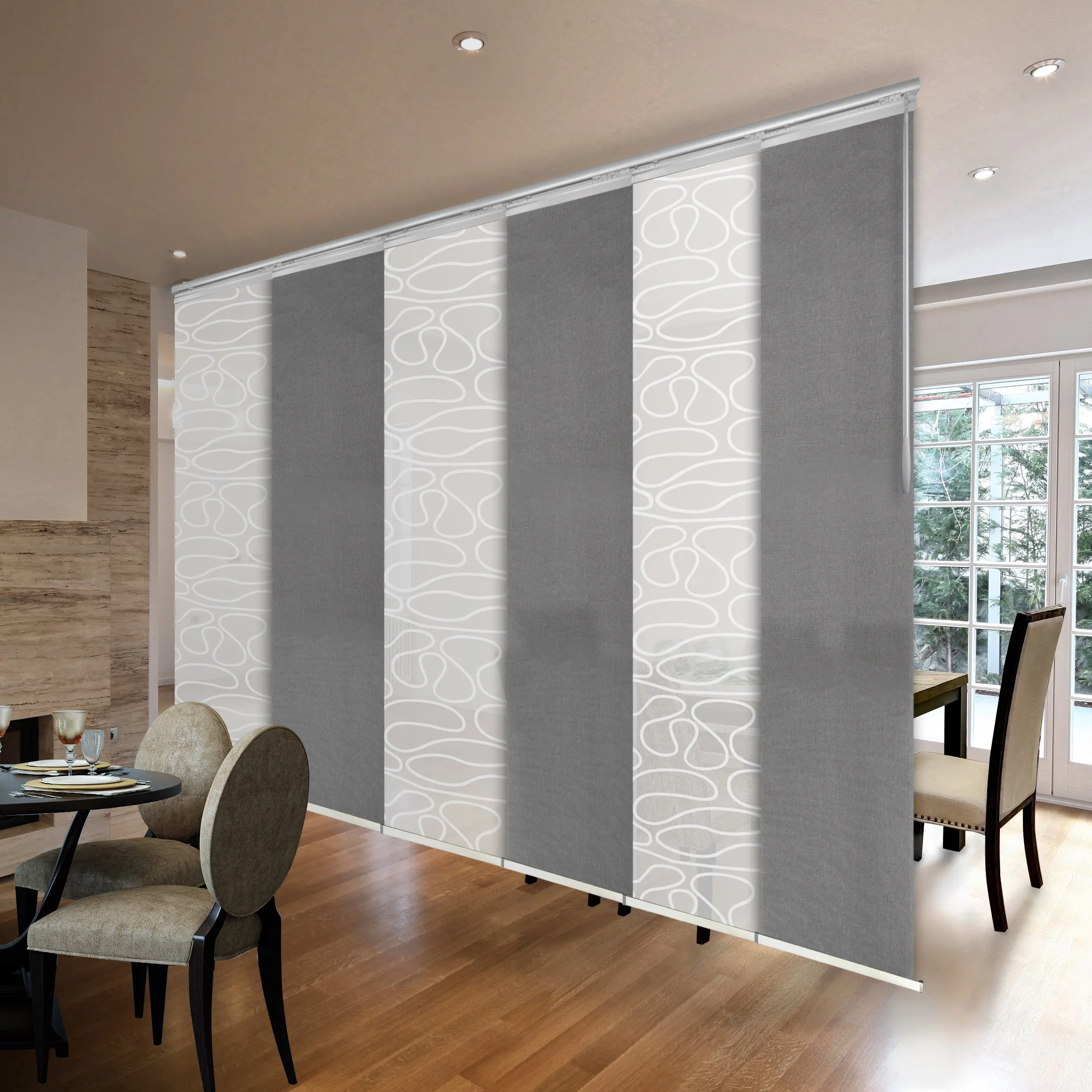 6-Panel Single Rail Panel Track Blind Extendable 70"-130"W x 91.4"H, Panel width 23.5", Whirl White, Woven Gray