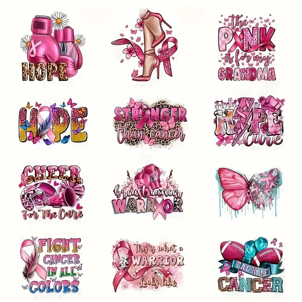 12pcs Breast Cancer Hope Graphic Iron-On Transfer Patches, Small Size DIY Clothing Stickers, Washable Heat Transfer Vinyl for Hoodies, Crafts