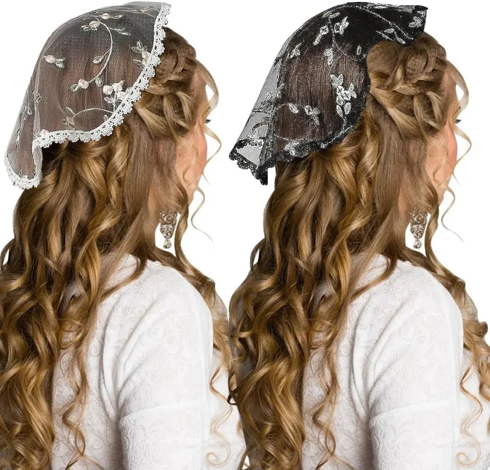 Embroidery Head Covering Flowers Lace Chapel Cap, Mantilla Catholic Veil Headpiece Circle Round Floral Church Veils