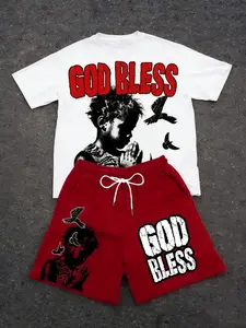 Y2K Style Unisex 2-Piece Set, God Bless Print Fitted Short Sleeve T-Shirt & Trendy Shorts, Streetwear, Faith Culture, Men's Gift, Couple
