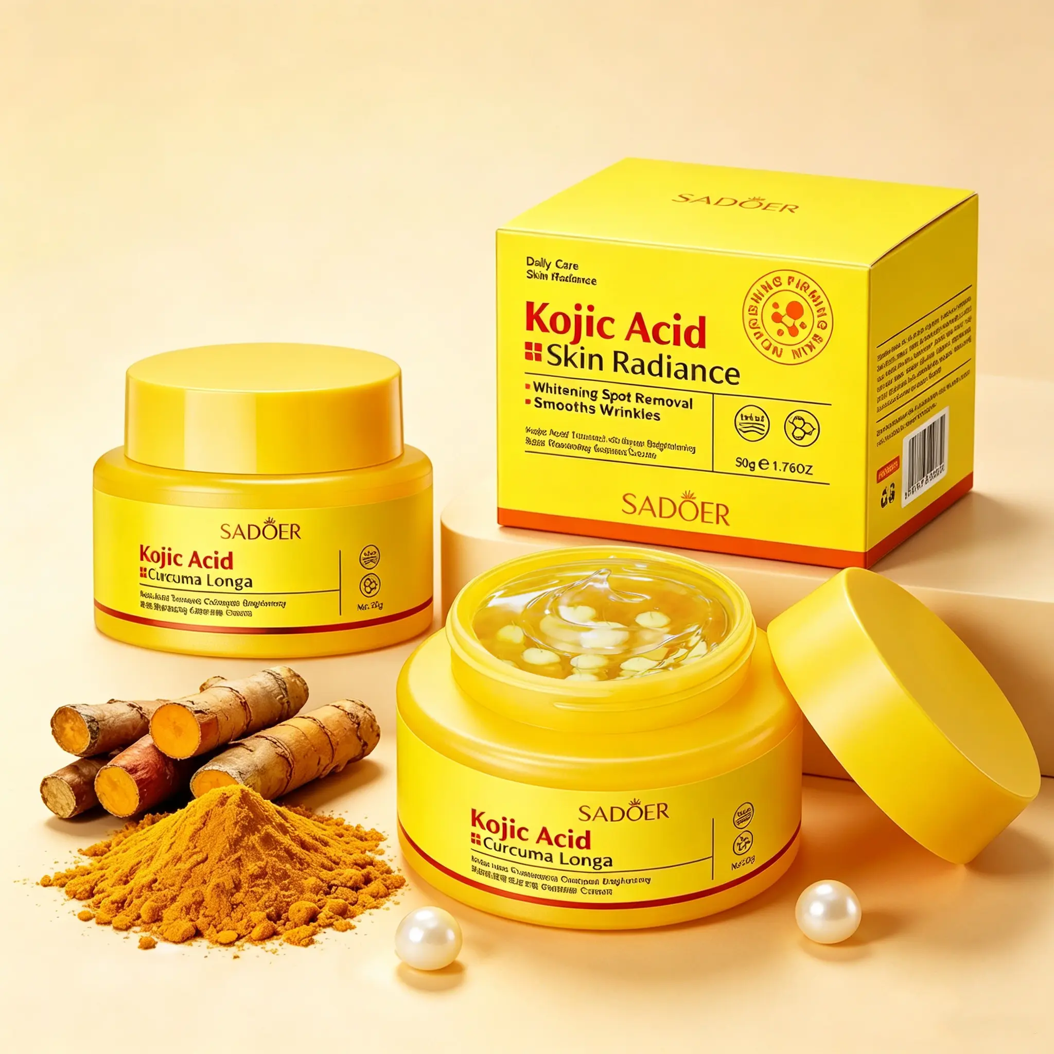 SADOER Kojic Acid & Turmeric Capsule Cream, Brightening Moisturizer for Dark Spots & Anti-Aging with Collagen, Hydrates All Skin Types, 50g / 1.76oz, Hydrate, Moisture, Radiant Skin, Dewy Skin