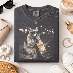 Raccoon Drinking Tito Wine Graphic Tee, Fun Animal Lover Shirt, Vintage Raccoons Shirt, Funny Meme Women's Raccoon Shirt, 90s Retro TShirt