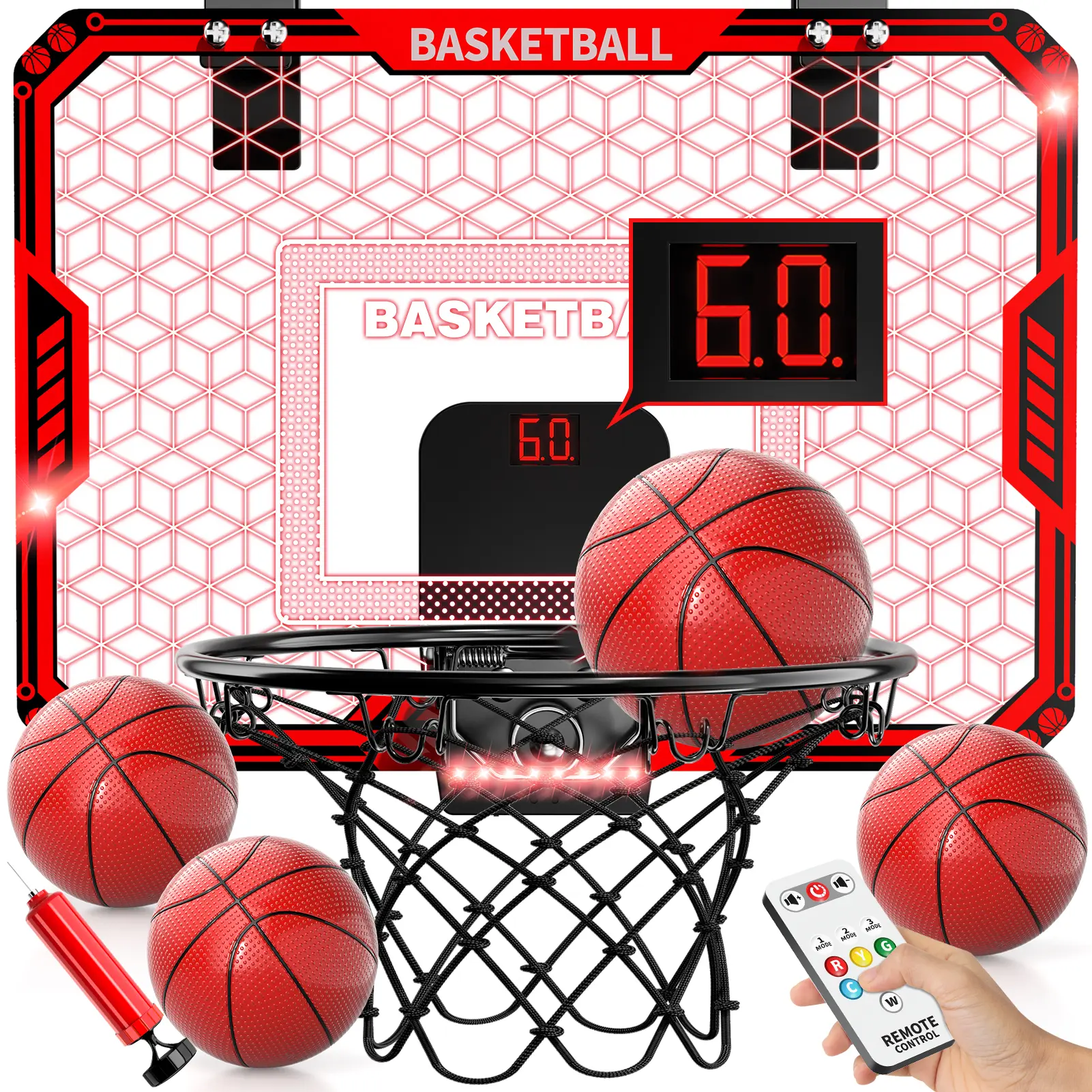 Indoor Basketball Hoop Toy with 4 Balls,Automatically Score and RC LED,Indoor Ball Games, Suitable for home, bedroom, indoor amusement park,Brithday/Christmas Gift