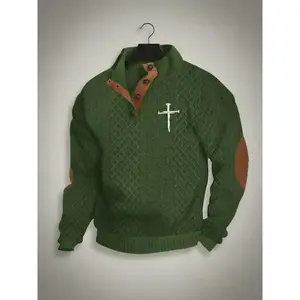 New men's knitted polo neck pullover with cross print, autumn and winter regular casual comfortable warm sports hoodie, vintage knitted sweater, mens hoodie.Gift