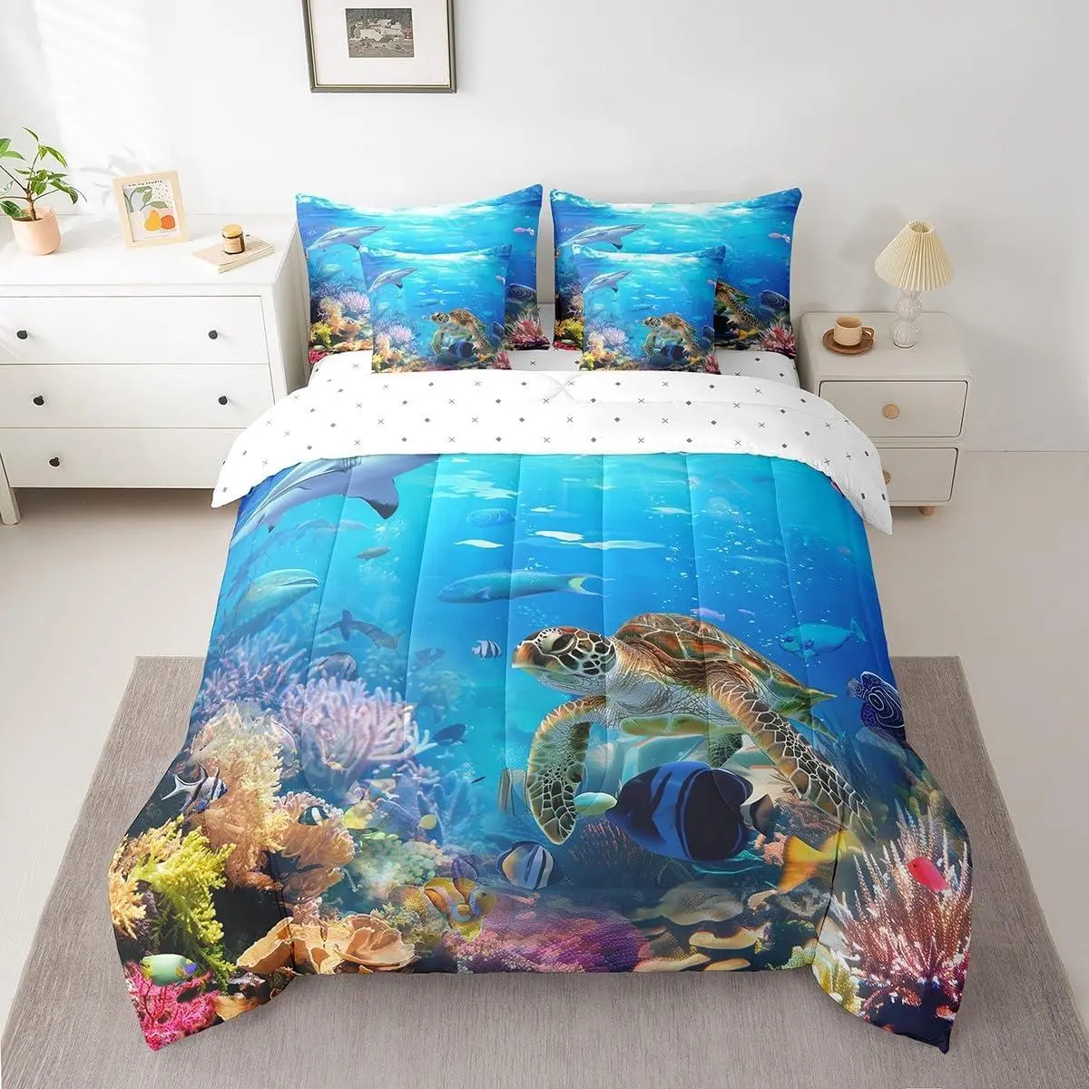 Sea Turtle Comforter Set,7 Piece Bed in a Bag,Shark Ocean Animals Fish Bedding Set,Tortoise Rainbow Coral Sheet Set with Comforter