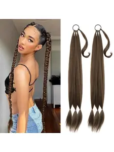 2 Packs Dark Brown Long Braided Ponytail Extension For Women Soft Synthetic Hair Piece For Women with Hair Tie Straight Wrap Around Ponytail Braided Hair Extensions 32 Inch Drawstring Ponytail Extensions