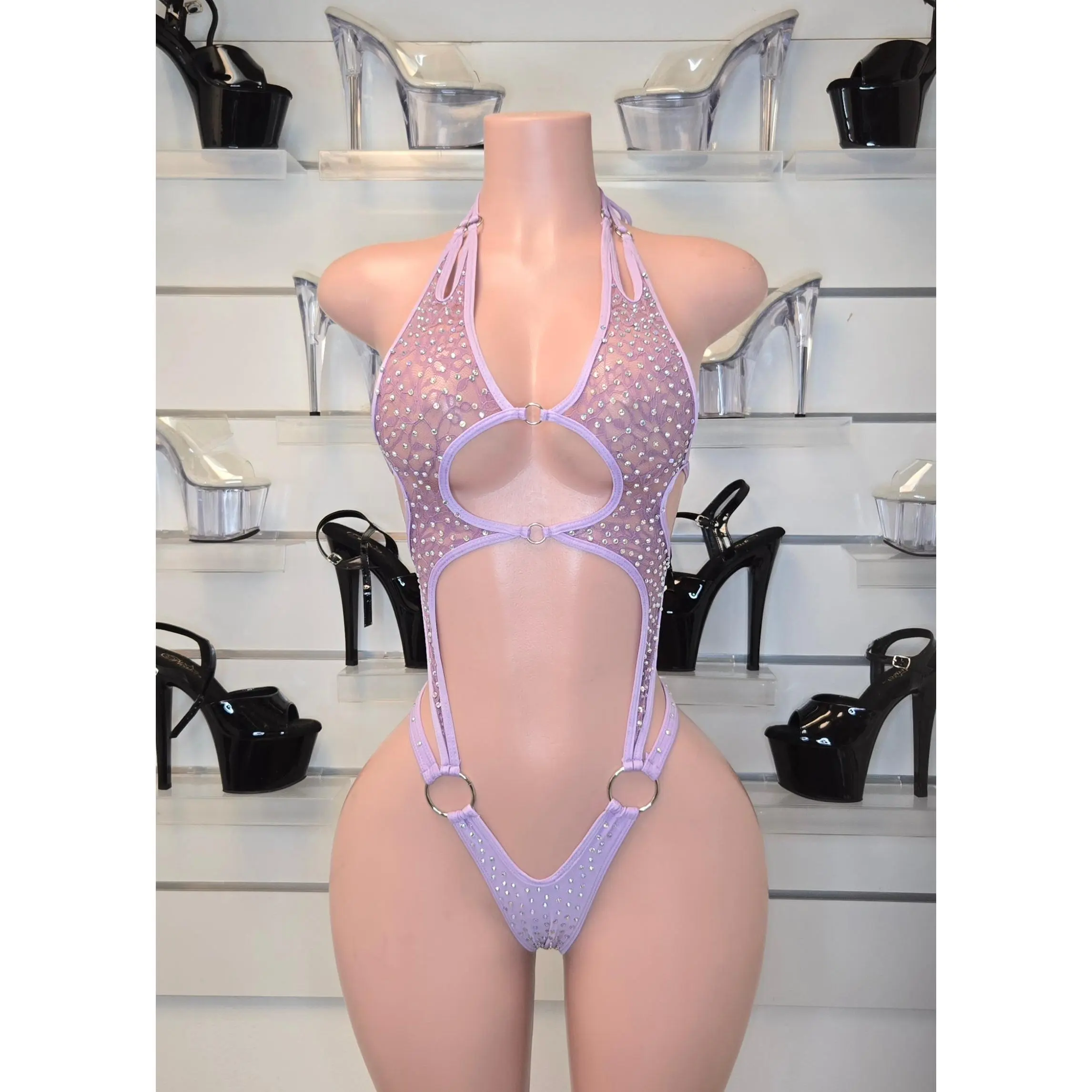 Rhinestone Halter Bodysuit, Adjustable Clubwear for Exotic Dancers, High-Cut Lycra Pole Dance Costume with Body-Hugging Fit, Sparkly, Strip, Light, Garments, Thong, Lingerie, Sexy, One Size