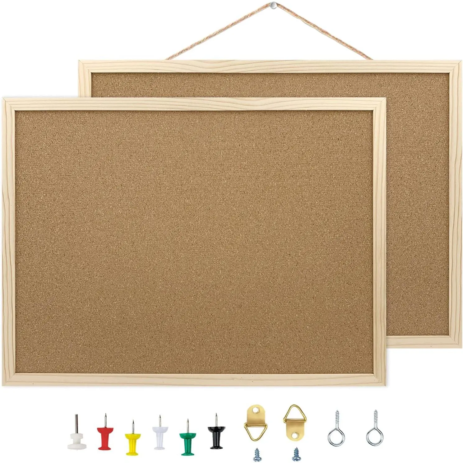 2 Pack Cork Board Bulletin Board, 15.7"X 11.81" inches with Oak  Finish Frame, for Wall Office  and School (Pins, Eye , gaskets, Screws)
