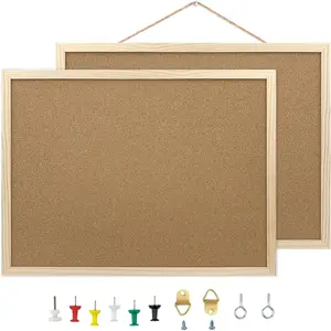 2 Pack Cork Board Bulletin Board, 15.7"X 11.81" inches with Oak  Finish Frame, for Wall Office  and School (Pins, Eye , gaskets, Screws)