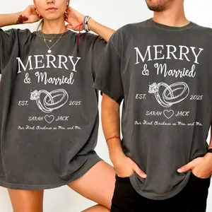 Comfort Colors Personalized Merry and Married Christmas Shirt, Custom Couple Name Christmas Shirts, Newlywed Xmas, Couple Christmas Outfit