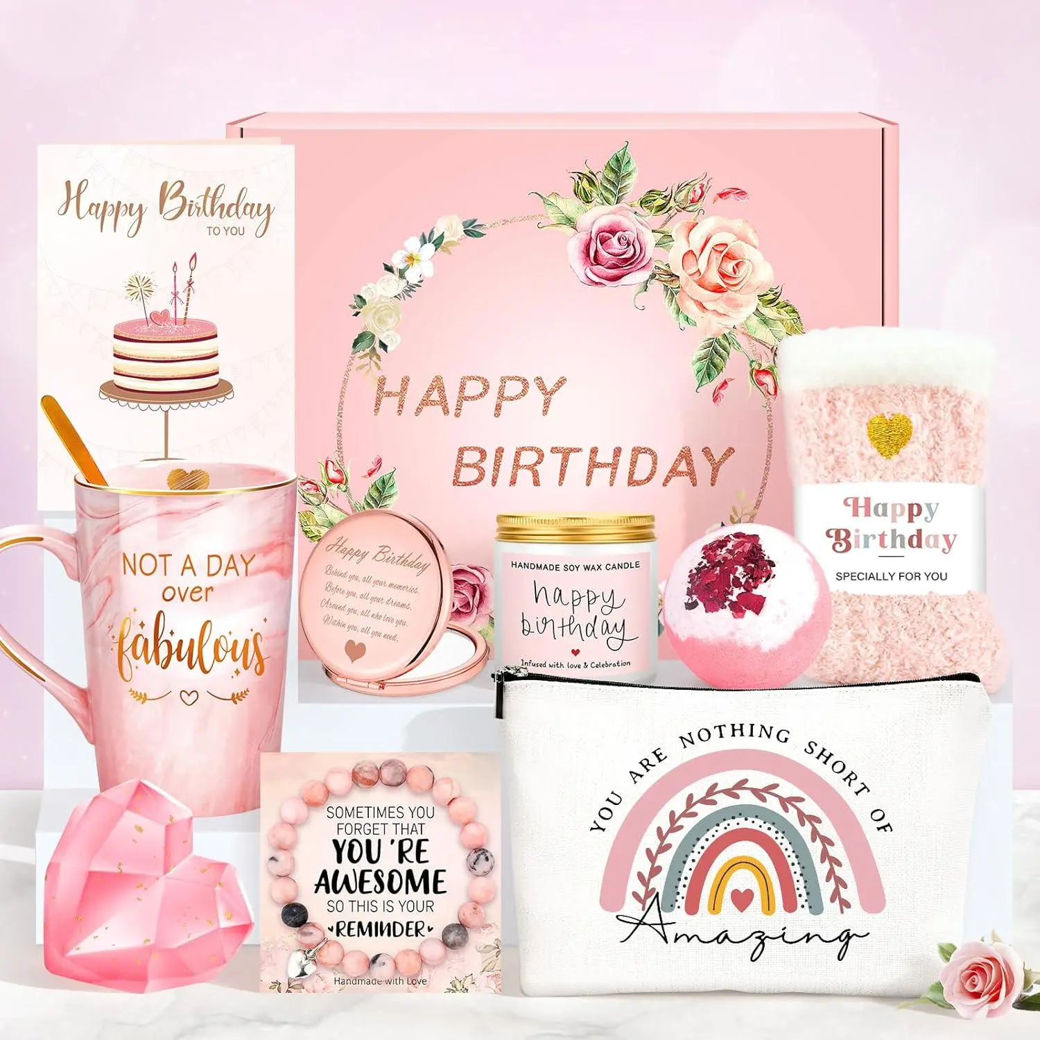 Gagalico Women's Pink Gift Box Set - Unique Birthday Gift Baskets with "Not a Day over Fabulous" Mug for Mom, Wife (Home & Festive Party Supplies)
