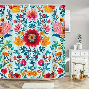 1pc Vibrant Floral Shower Curtain - 70.8x70.8 Inch, Modern Mexican-Inspired Design With Colorful Flowers & Green Leaves, Durable Polyester Fabric, Includes Hooks For Easy Installation, Hand Wash Only, Shower Curtain Set For Bathrooms