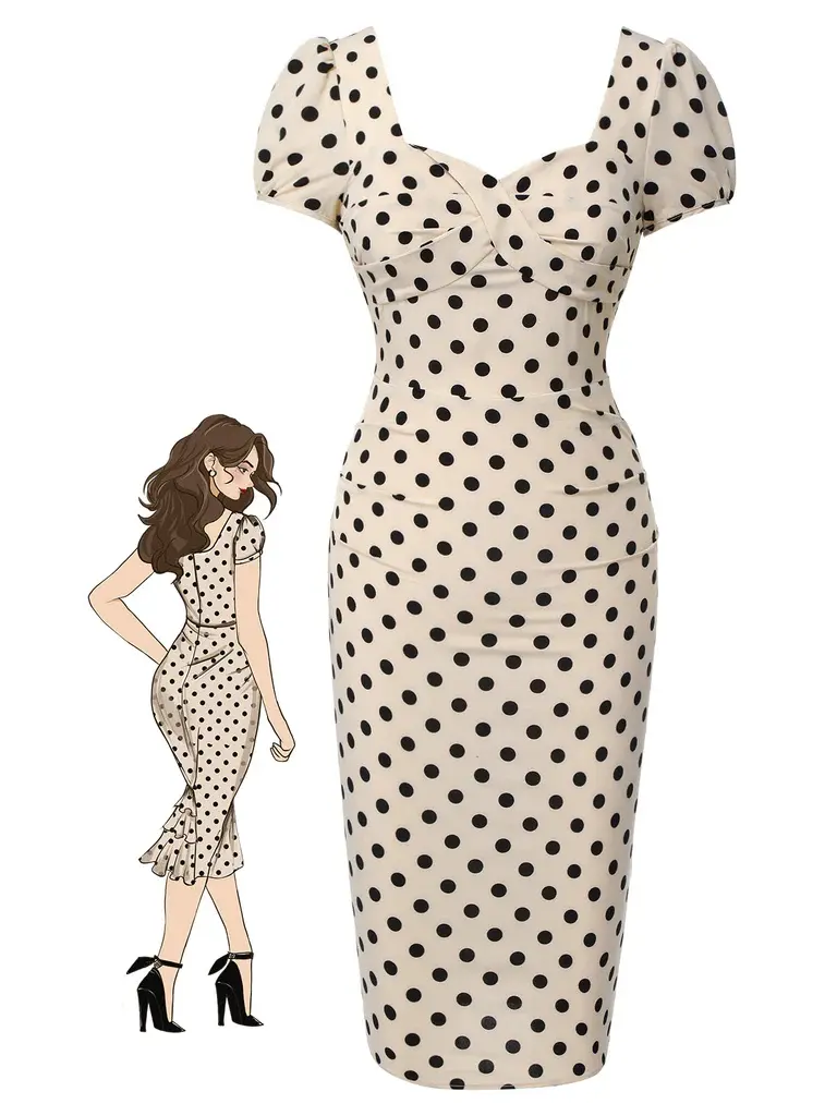 RETRO STAGE Women's 1960s-Inspired Beige Polka Dot Short-Sleeve Square Neck Puff Dress - Polyester, Elegant Italian Vibe, Comfortable Casual Wear, Back Zipper, Dot Casual Dresses, Polka Dot Dresssummer dresses vacation outfits Chic Shortsleeve