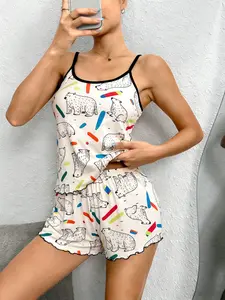 2-Piece Set Polar Bear Cartoon Print Tank Top Shorts Pajamas, Cute Slim-Fitting Home Wear for Girls, Sweet Style Sleepwear