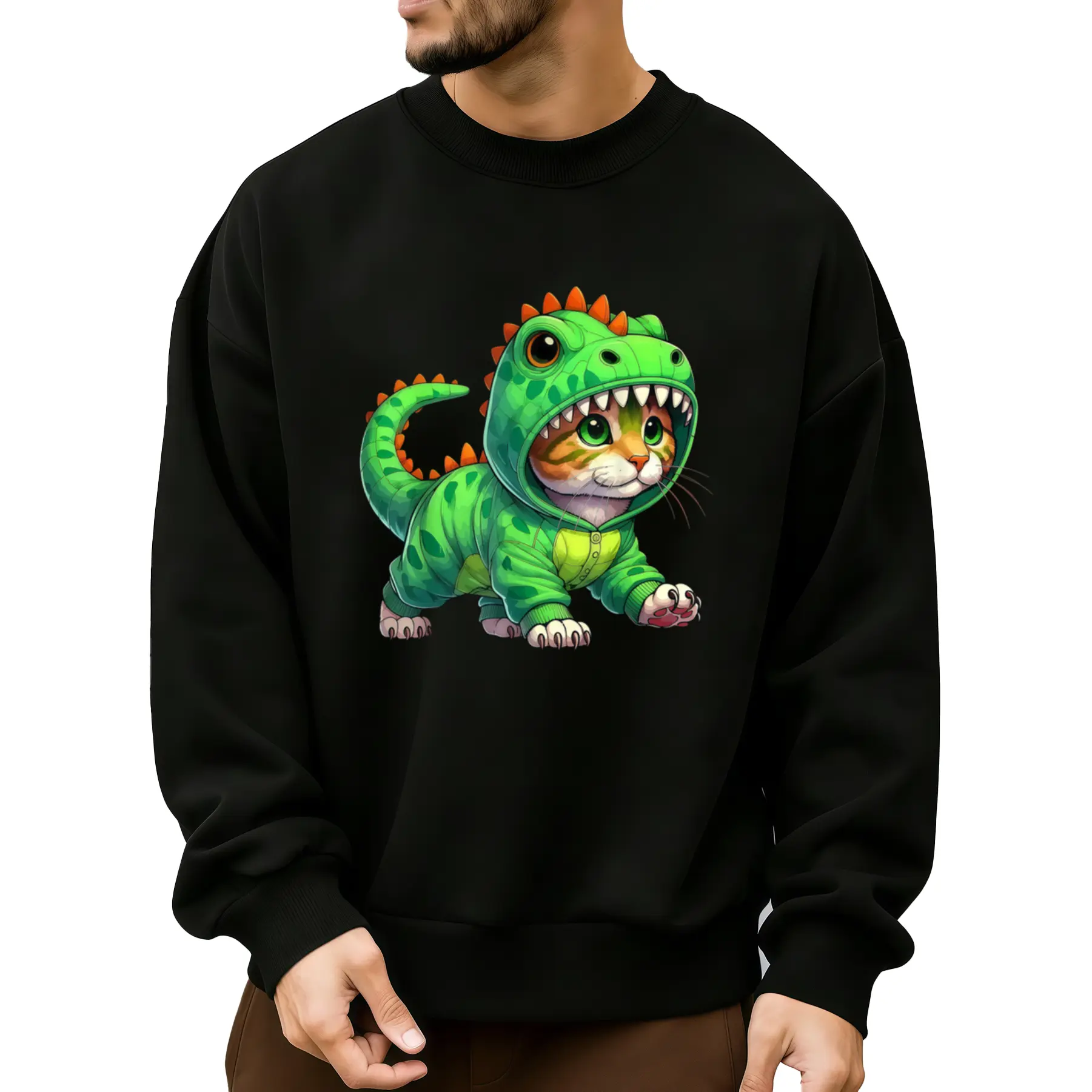 Green T-Rex Dinosaur Long Sleeve Sweatshirt with Cat Ears – Soft, Breathable H-Fit Fabric, Perfect Halloween Cosplay and Casual Wear for Dino Fans