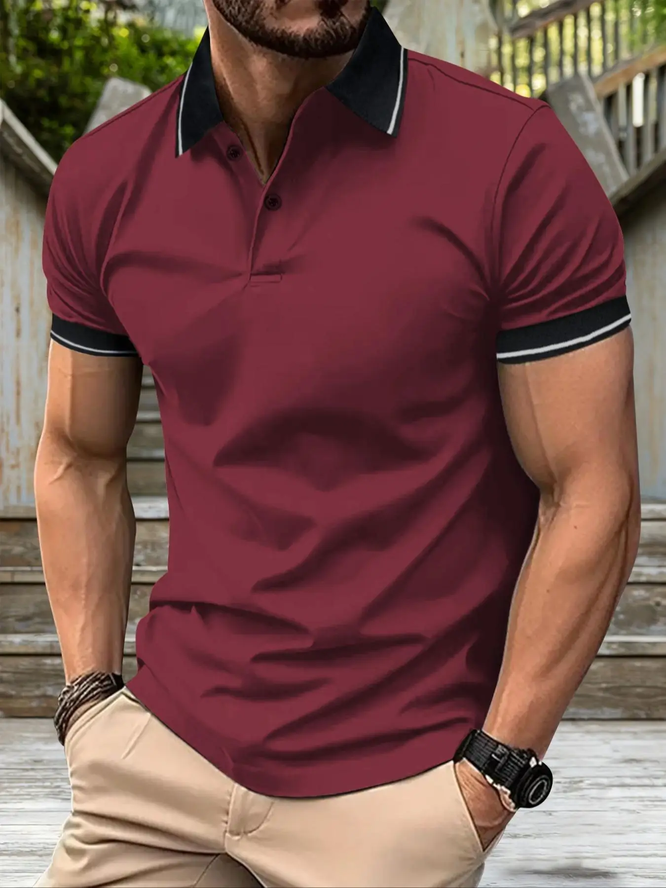 Men's Patchwork Short Sleeve Polo Shirt, Regular Fit Casual Streetwear Button Front Top, Summer Clothes for Men, Clothing