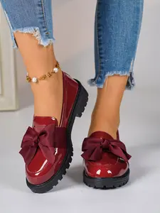 Spring New Women's British Style Classic Small Leather Shoes, Fall Winter Casual Pure Color Bow Knot Slip-On Loafers, Fashionable Ladies Footwear, Flats