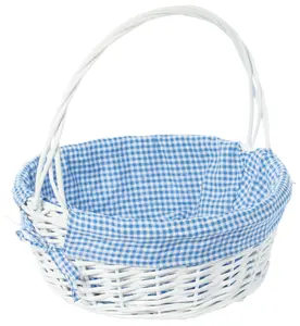 Vintiquewise Large White Round Willow Gift Basket - Round Shape, Blue and White Gingham Liner, Handles, Stackable Containers, Indoor/Outdoor Picnic Home Organizer