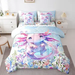 Feelyou 7-Piece Kawaii Axolotl Bedding Set - Breathable Soft Blanket, Quilt Cover Set, Cartoon Salamander Print, Ocean Sealife Design, Bed-in-A-Bag with Sheets for Kids, Bed Blanket, Axolotl Print