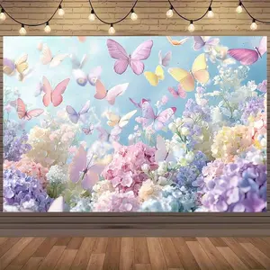 1PC,2D Flat Dreamy Butterfly & Flower Door Banner, Festival Decoration Tapestry, Romantic Fresh Hydrangea & Butterfly Pattern, Home Party Decor Curtain, Wall Hanging, Bedroom & Living Room Festi