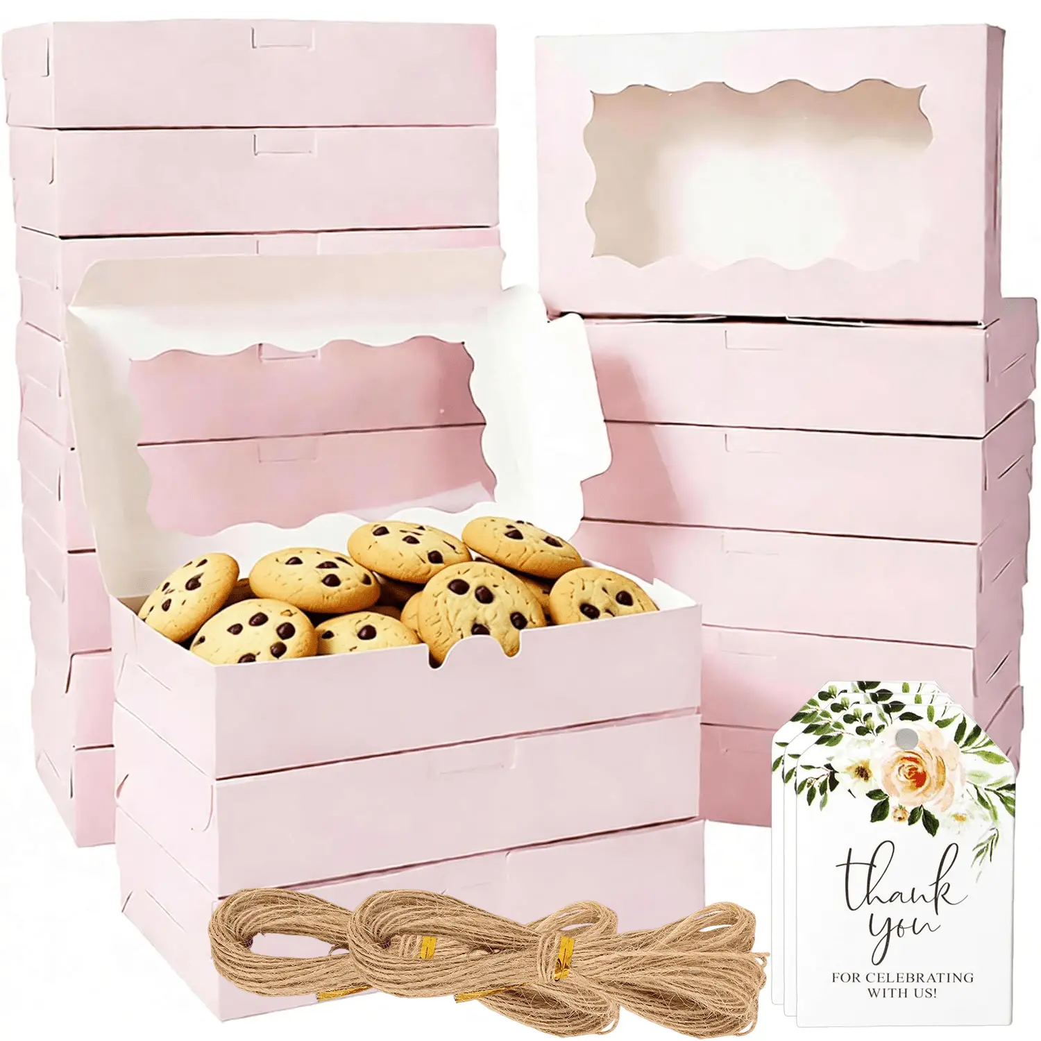 50 Packs Cookie Boxes with Clear Window, Small Pink Kraft Candy Boxes Premium Pastry Boxes with Tags Ropes for Cookie Packaging, Dessert, Donuts, Pie, Cupcakes, Parties