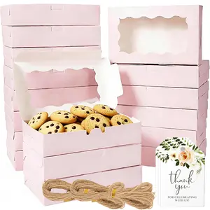 50 Packs Cookie Boxes with Clear Window, Small Pink Kraft Candy Boxes Premium Pastry Boxes with Tags Ropes for Cookie Packaging, Dessert, Donuts, Pie, Cupcakes, Parties